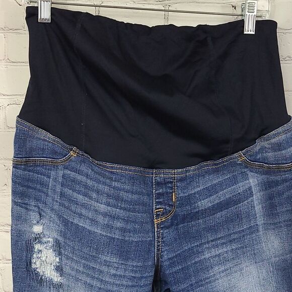 Isabel Maternity Over Belly Skinny Raw Hem Distressed Maternity Blue Ankle Jeans - Picture 3 of 11